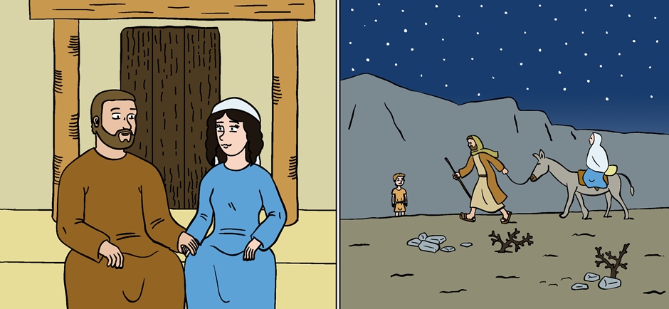 Joseph prend soin de Marie sur leur chemin vers Bethléem